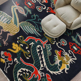 loomBloom Navy 3x5 Pictorial Transitional Chinese Art Deco Dragon and Phoenix Hand Tufted Wool Oriental Area Rug